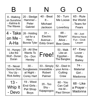 70's & 80's Mega Mix Bingo Card