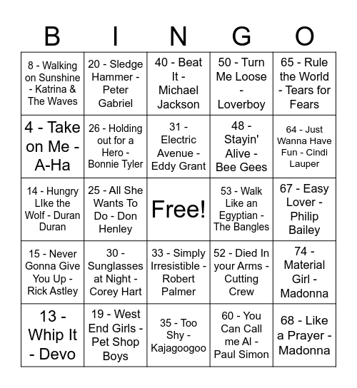 70's & 80's Mega Mix Bingo Card
