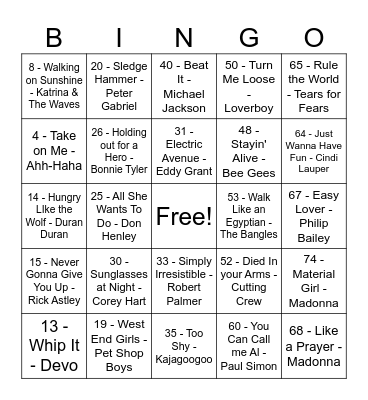 70's & 80's Mega Mix Bingo Card