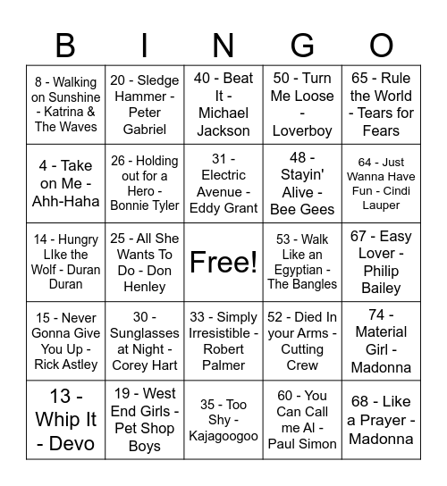 70's & 80's Mega Mix Bingo Card