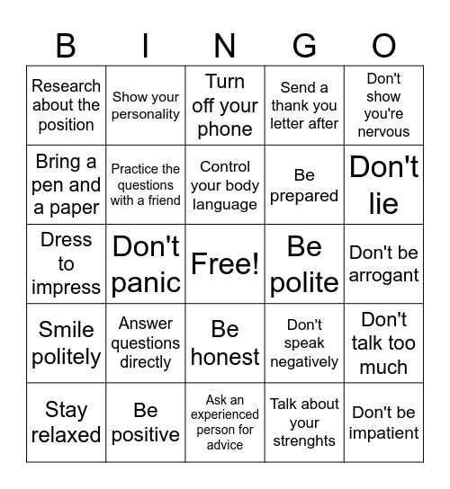 Job interview Bingo Card