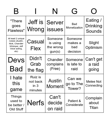 Destiny w/ Da Boys Bingo Card Bingo Card
