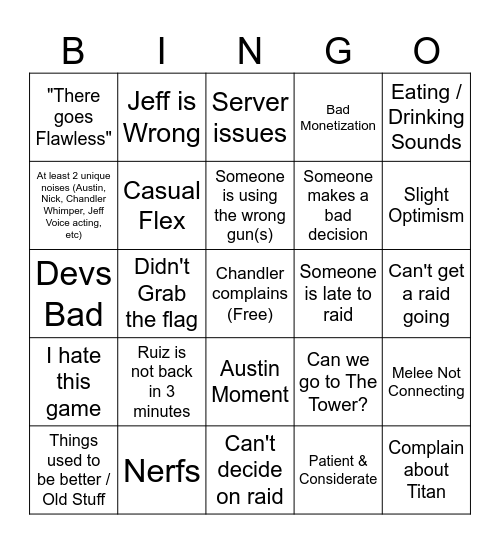 Destiny w/ Da Boys Bingo Card Bingo Card
