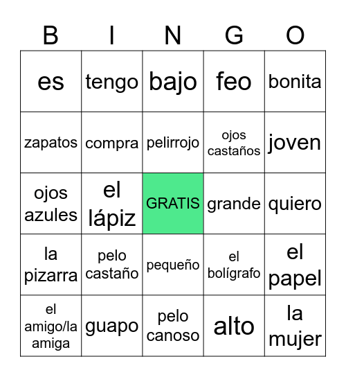 Esp. 1 - Unidad 1: objetos, personas, adjetivos Bingo Card