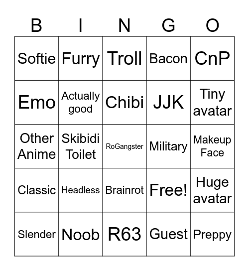 Catalog Avatar Creator Bingo Card