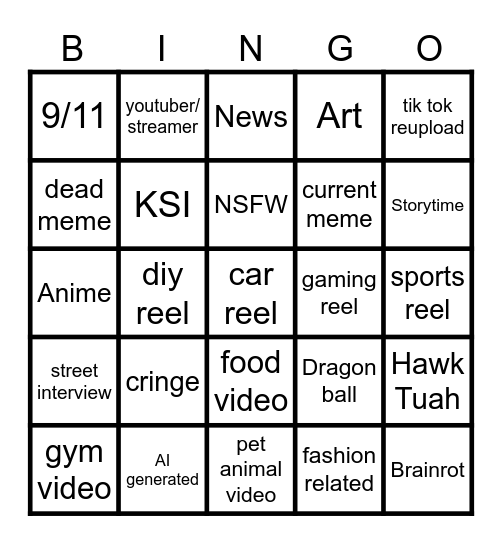 Instagram reel bingo Card