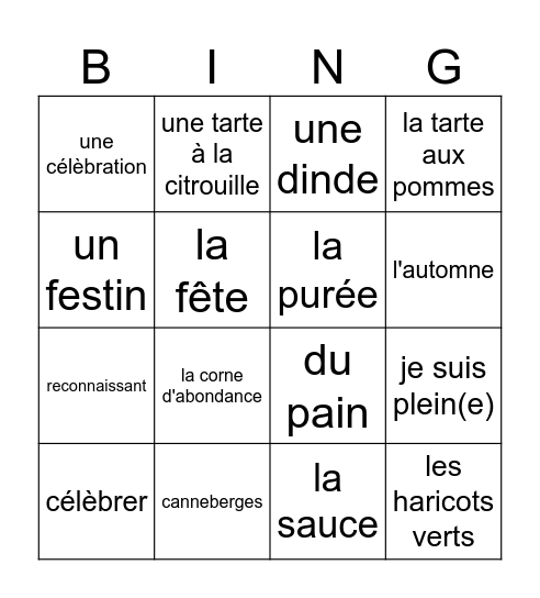 L'Action de Grâce Bingo Card