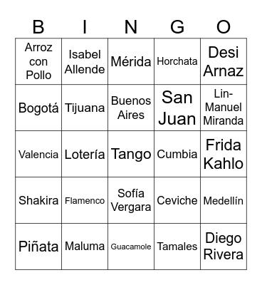 Hispanic Heritage Bingo Card