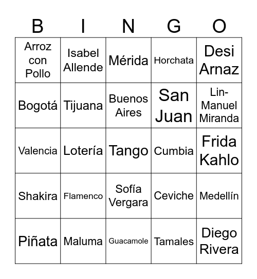 Hispanic Heritage Bingo Card