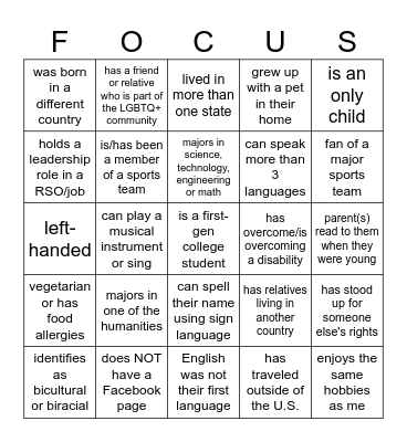 FOCUS Scholar's Bingo! Bingo Card