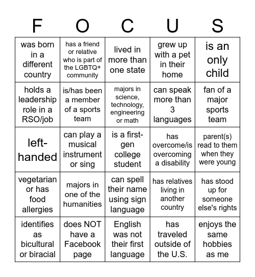 FOCUS Scholar's Bingo! Bingo Card