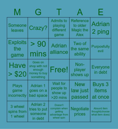 Magic the Alex Bingo Card