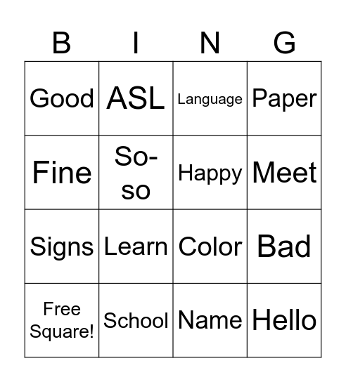 ASL Club! Bingo Card