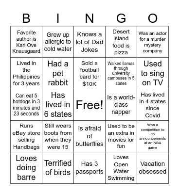 eBay Live Bingo! Bingo Card