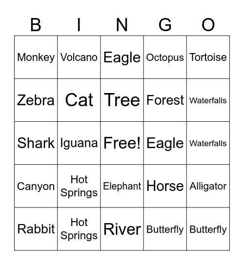 Natural Wonders & Animals Bingo Card