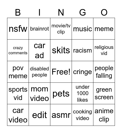 bunger Bingo Card