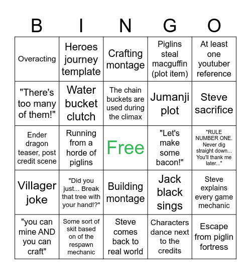 Minecraft movie bingo sheet Bingo Card