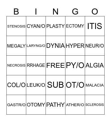 Medical Word Part Bingo Card