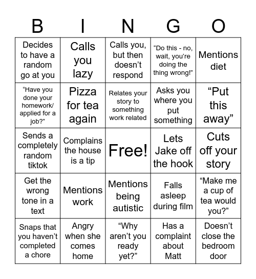 Mum Bingo Card