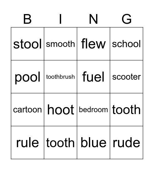 oo, ew, ue, u_e, u digraphs Bingo Card