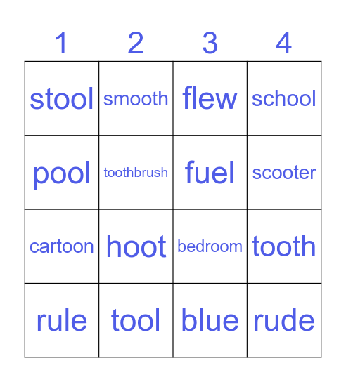 oo, ew, ue, u_e, u digraphs Bingo Card