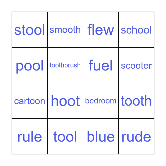 oo, ew, ue, u_e, u digraphs Bingo Card