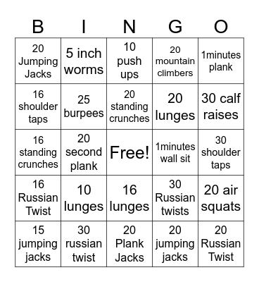 Fitness Bingo Card