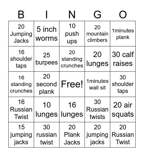 Fitness Bingo Card