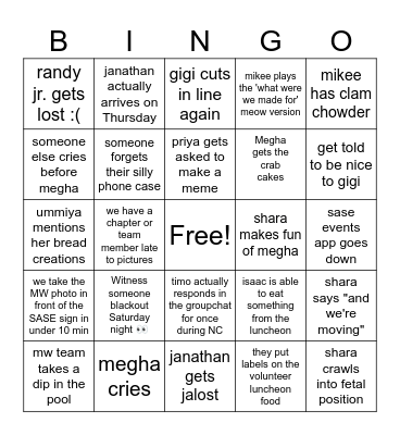 SASE NC 2024 Bingo Card