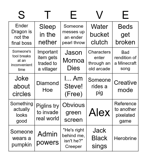 Minecraft Movie Bingo Card