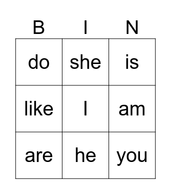 Sight Words Bingo Card