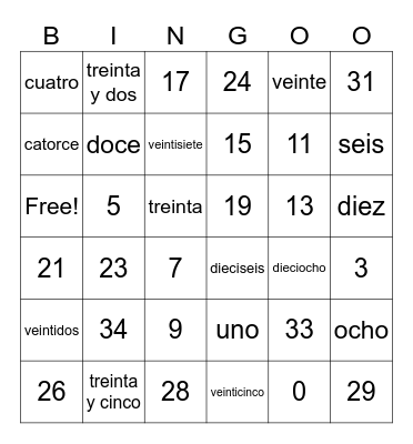 número 0-35 Bingo Card
