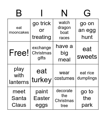 Festival Activities Bingo Card