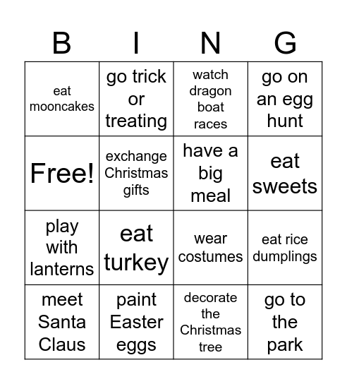 Festival Activities Bingo Card