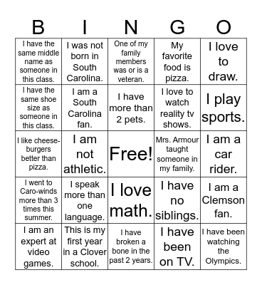 Classmate Bingo Card