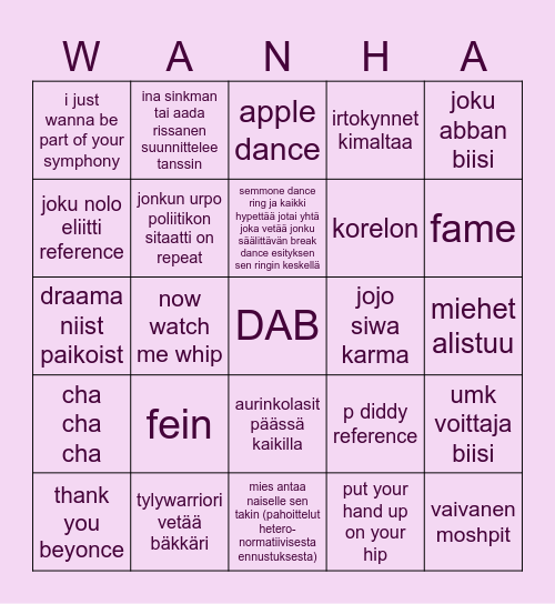 Wanhojen omatanssi bingo Card