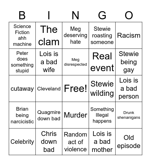 Family Guy Bingo Card