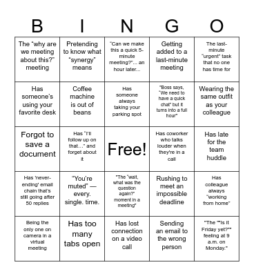 Back To Work Bingo Card