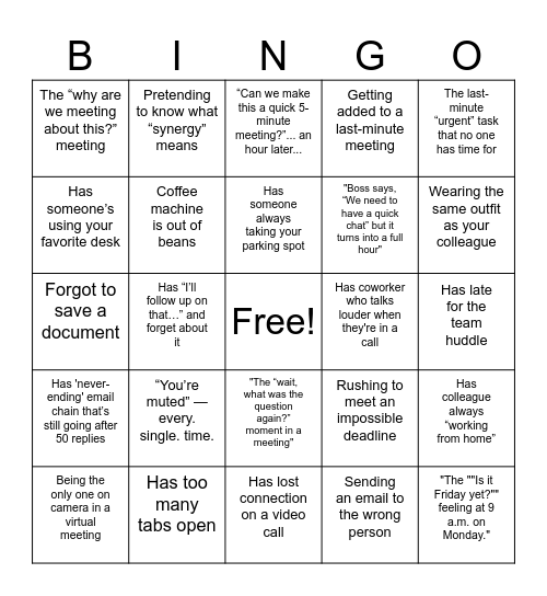 Back To Work Bingo Card