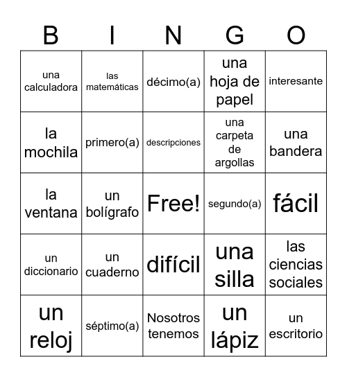 Tener expressions + school Bingo Card