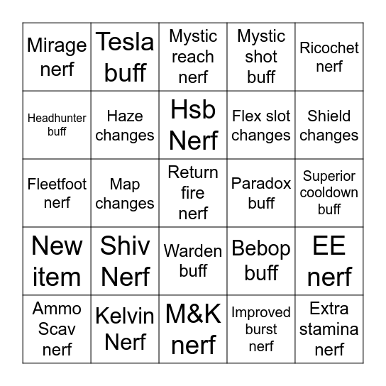 Deadlock Bingo Card