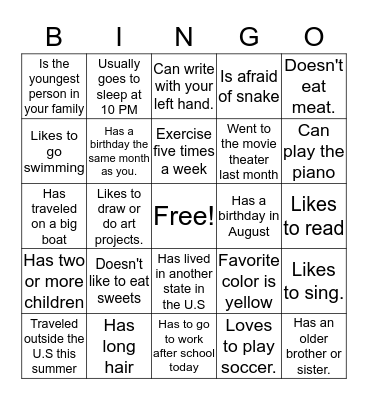 Get to Know Your Classmates Bingo Card