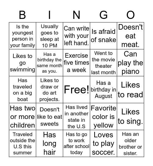 Get to Know Your Classmates Bingo Card