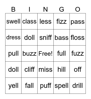ff,ll,ss,zz Bingo Card