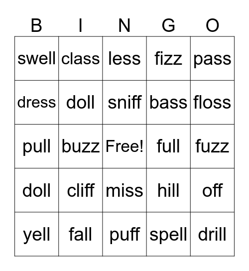 ff,ll,ss,zz Bingo Card