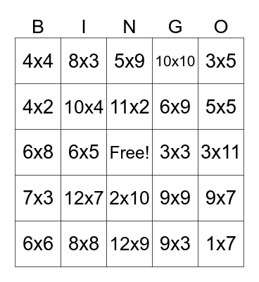 Multiplication Bingo Card