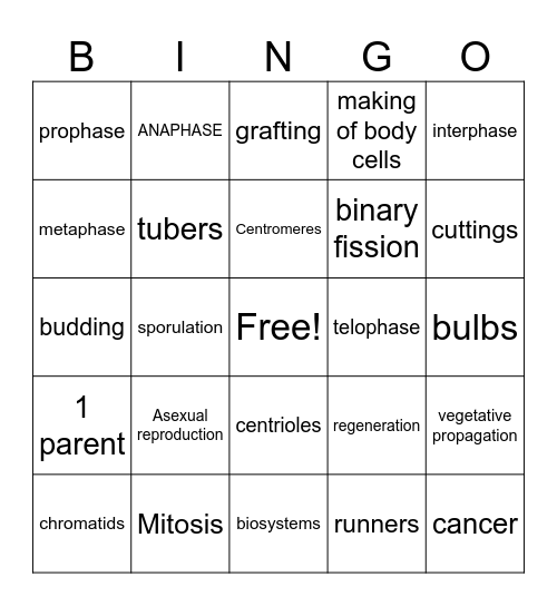 Asexual Reproduction Bingo Card