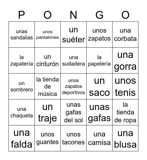 La ropa Bingo Card