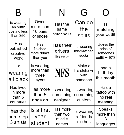 NFS Bingo - Bingo Card