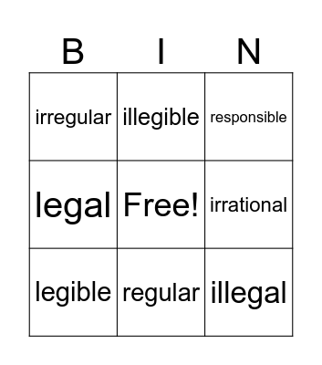 Prefix: il- and ir- mean "not" Bingo Card